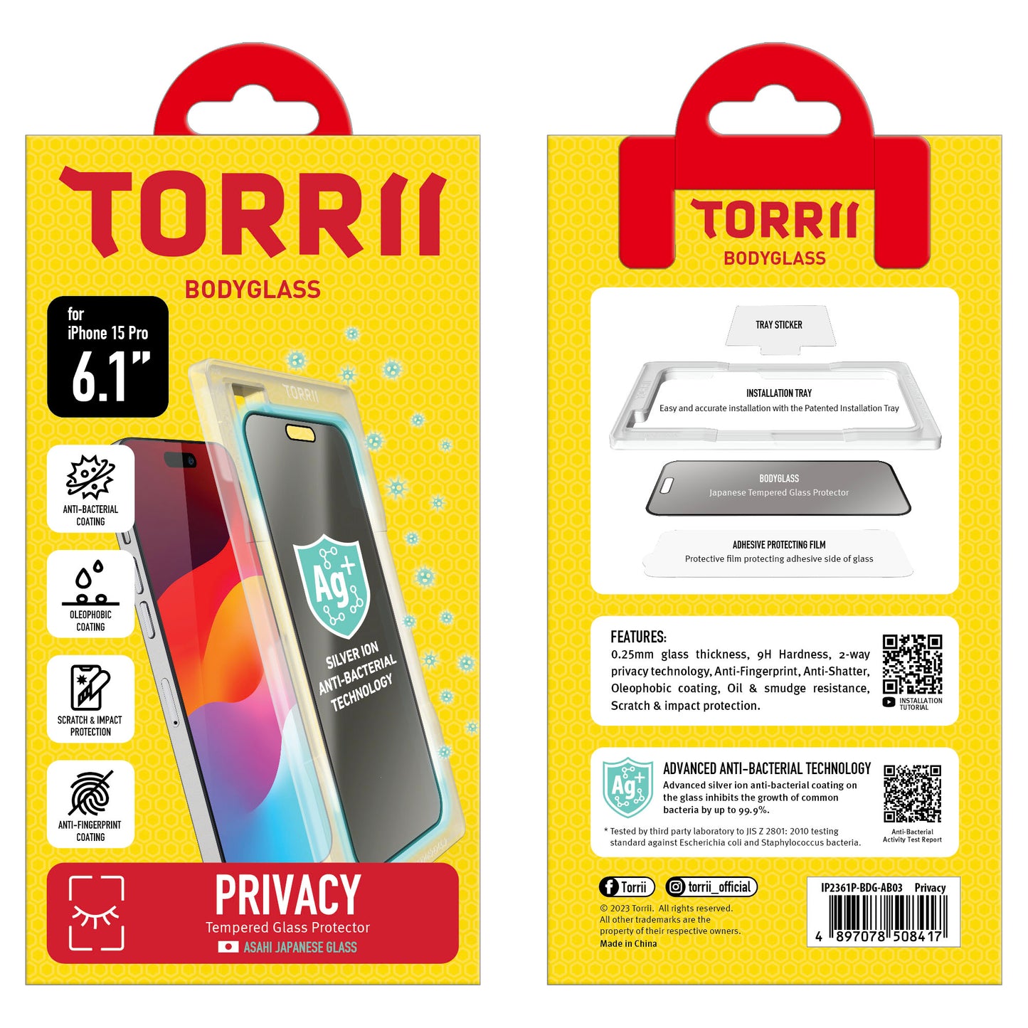 Torrii BODYGLASS 抗菌塗層防窺玻璃保護貼 for iPhone 15 Pro