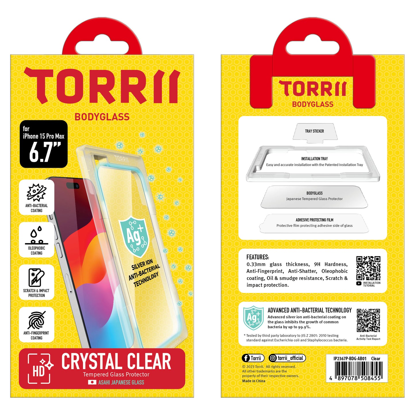 Torrii BODYGLASS 抗菌塗層玻璃保護貼 for iPhone 15 Pro Max